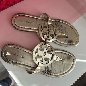 Tory Burch Rose Gold Logo Thong Sandals